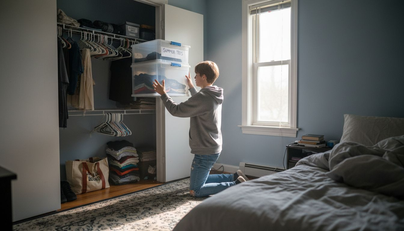 Teenager organizing closet with storage box