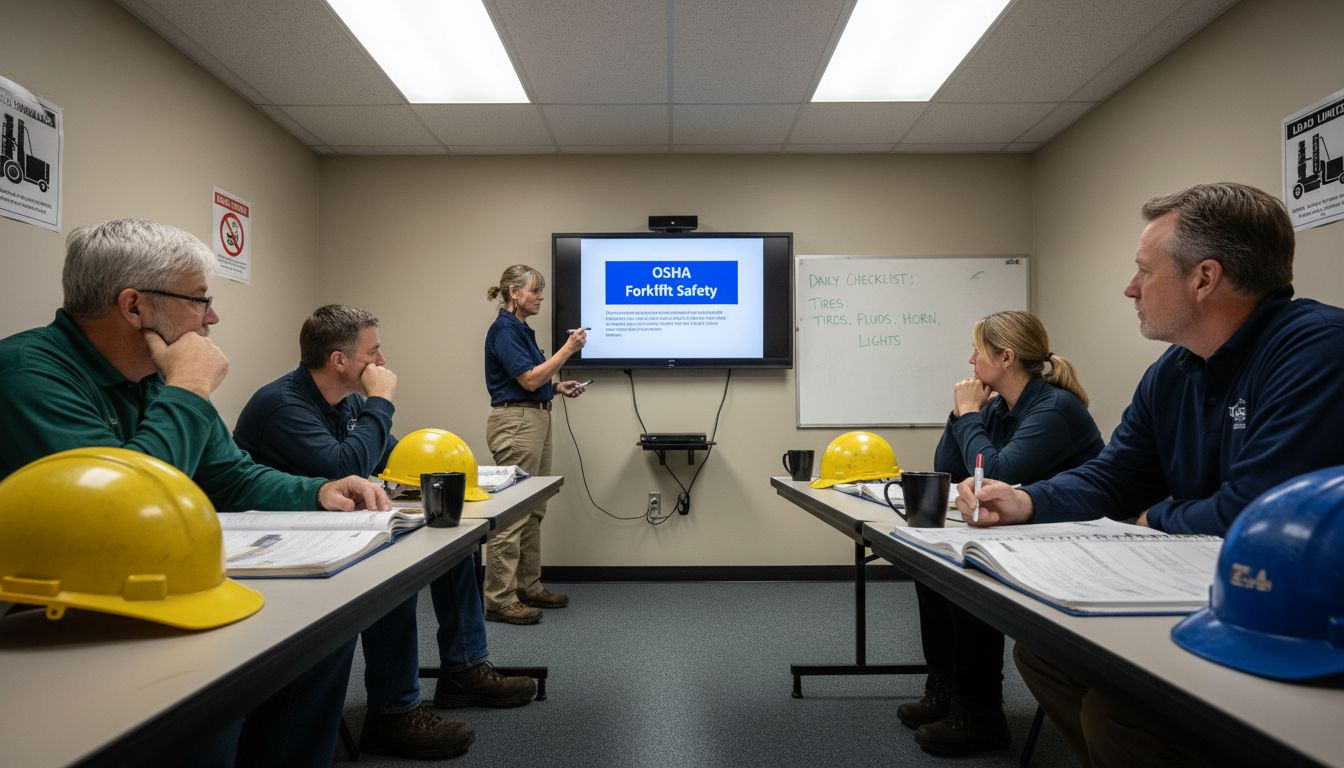 Forklift operators attending OSHA training session