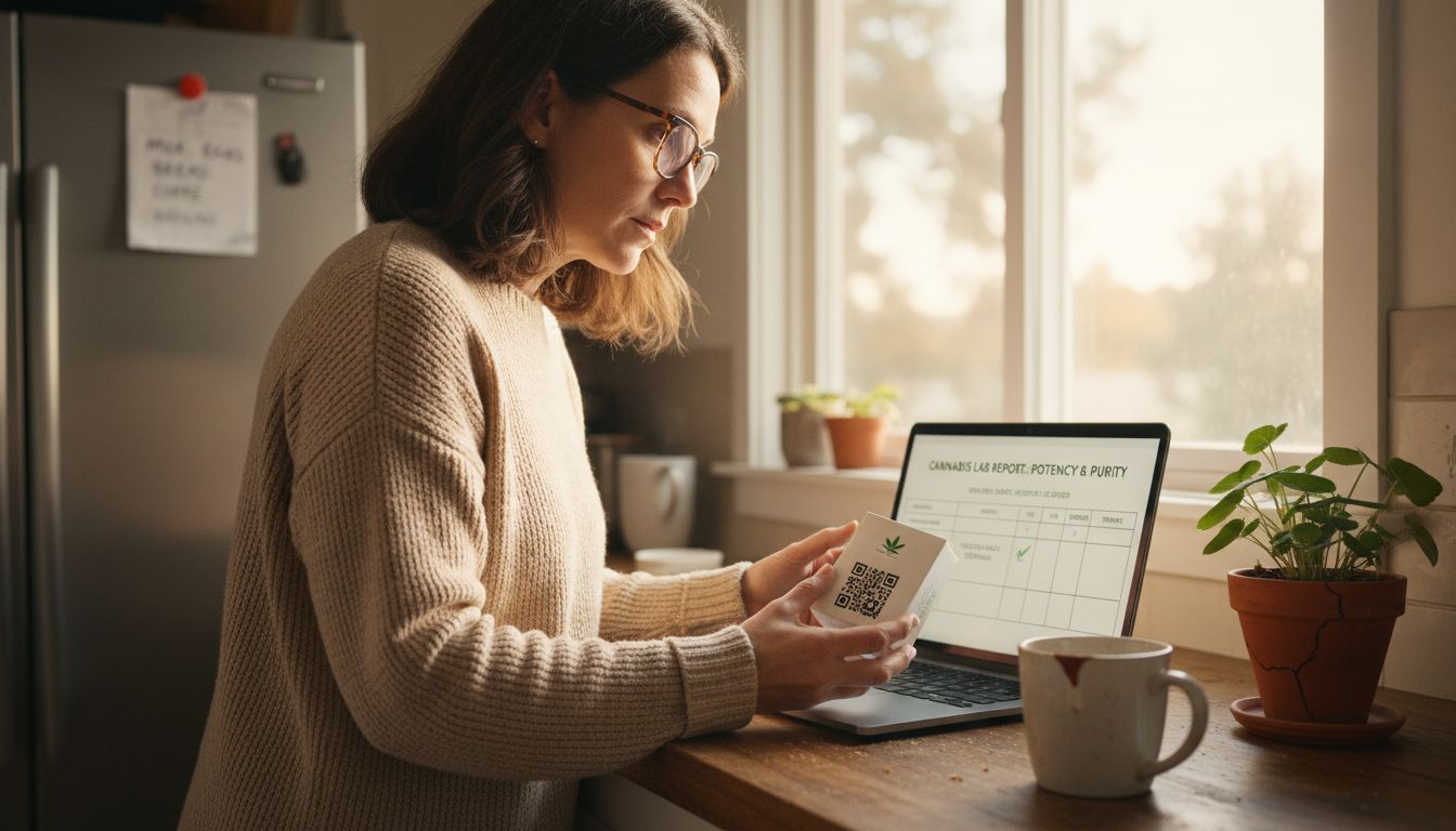 Woman verifying cannabis product sourcing details