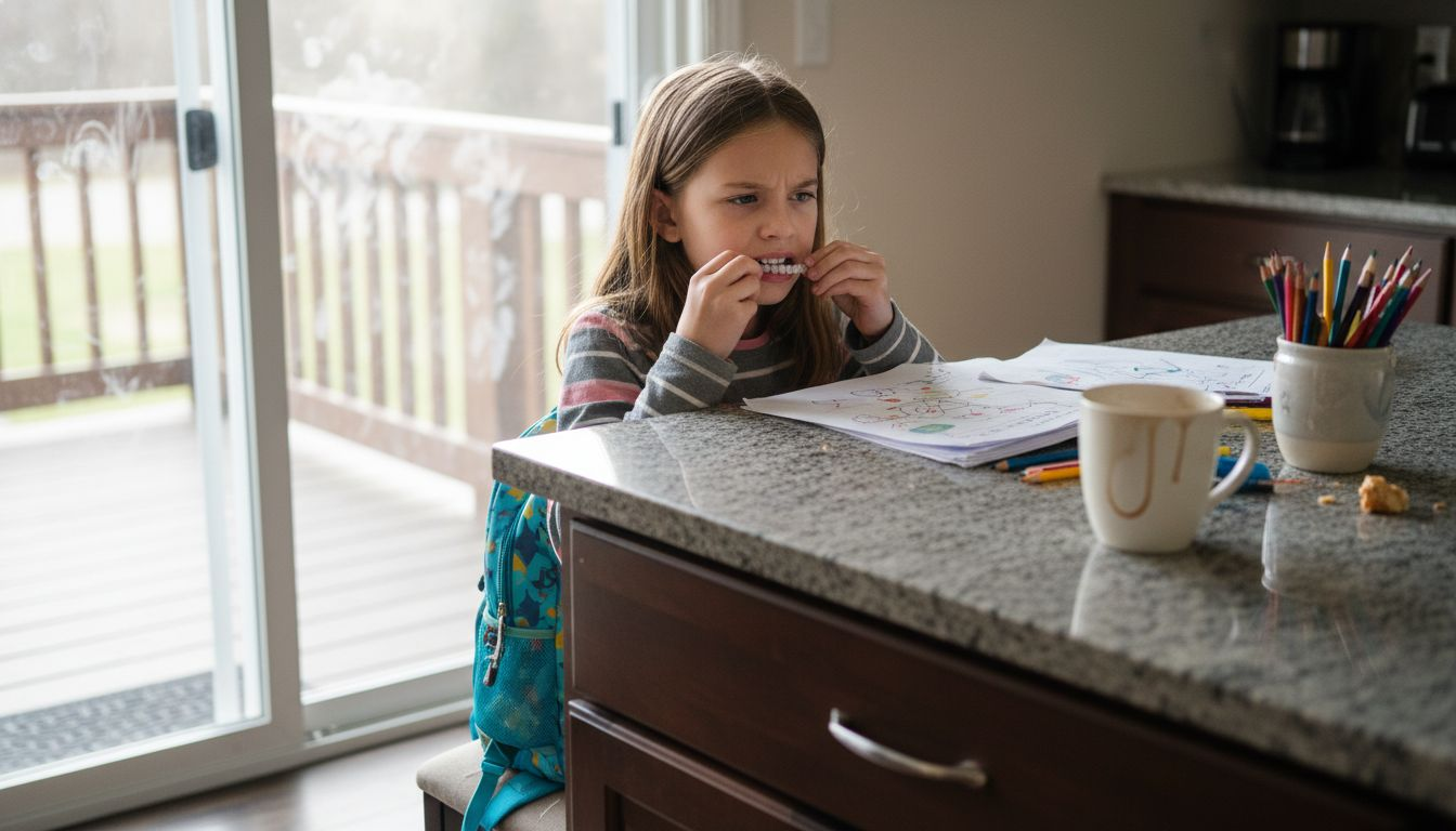 Child fitting Invisalign aligners in home kitchen