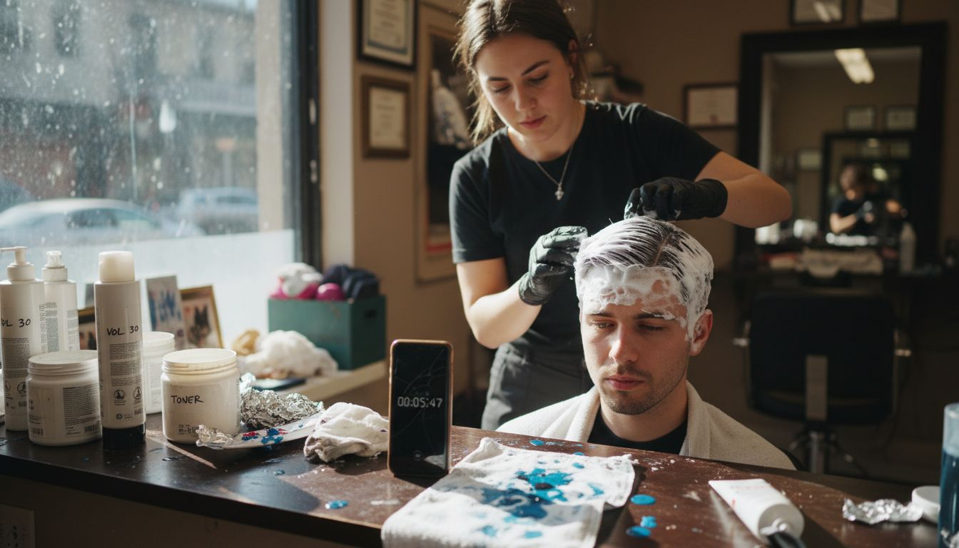 Stylist applying bleach during hair process