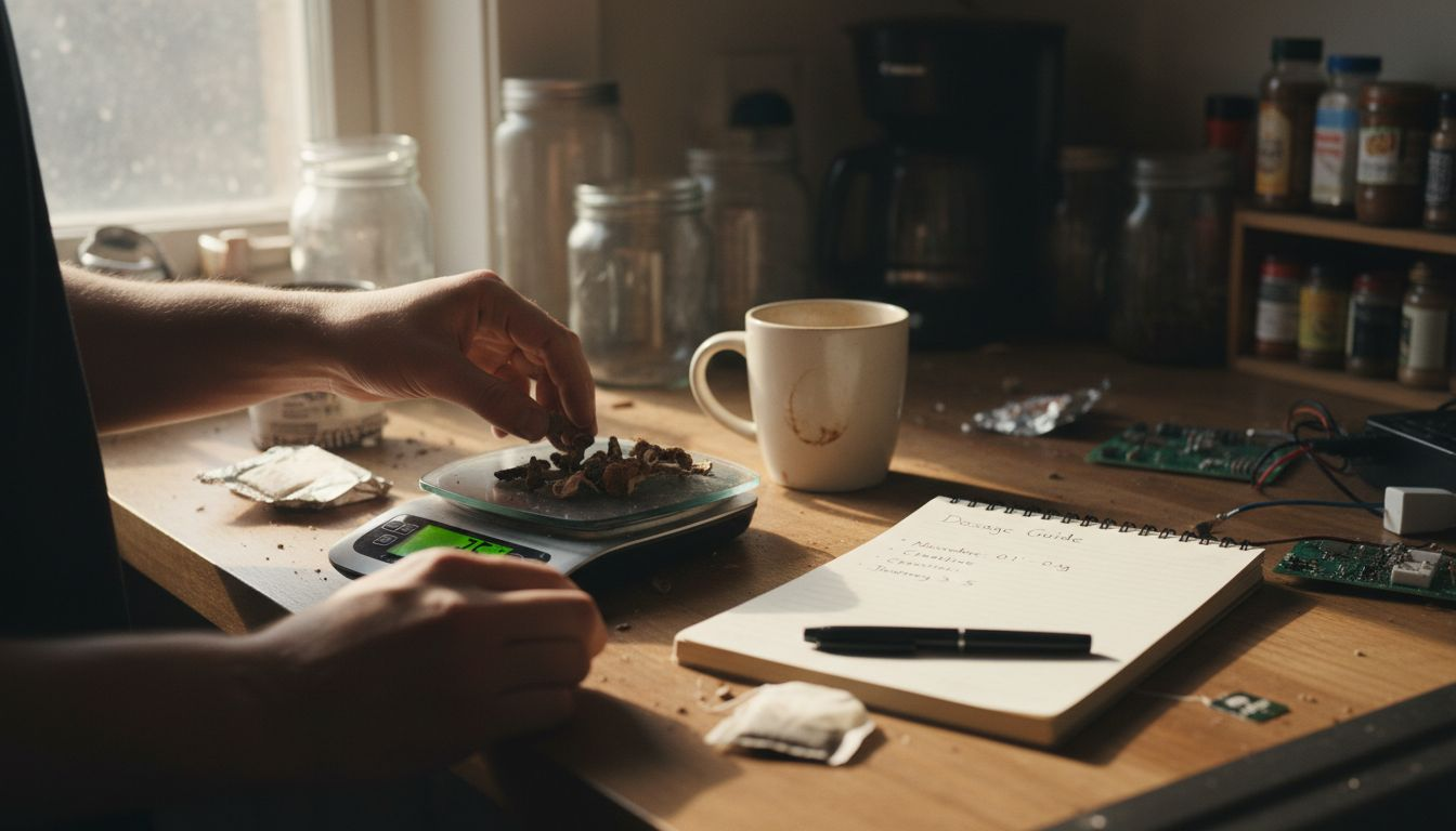 Person measuring dried psilocybin mushrooms
