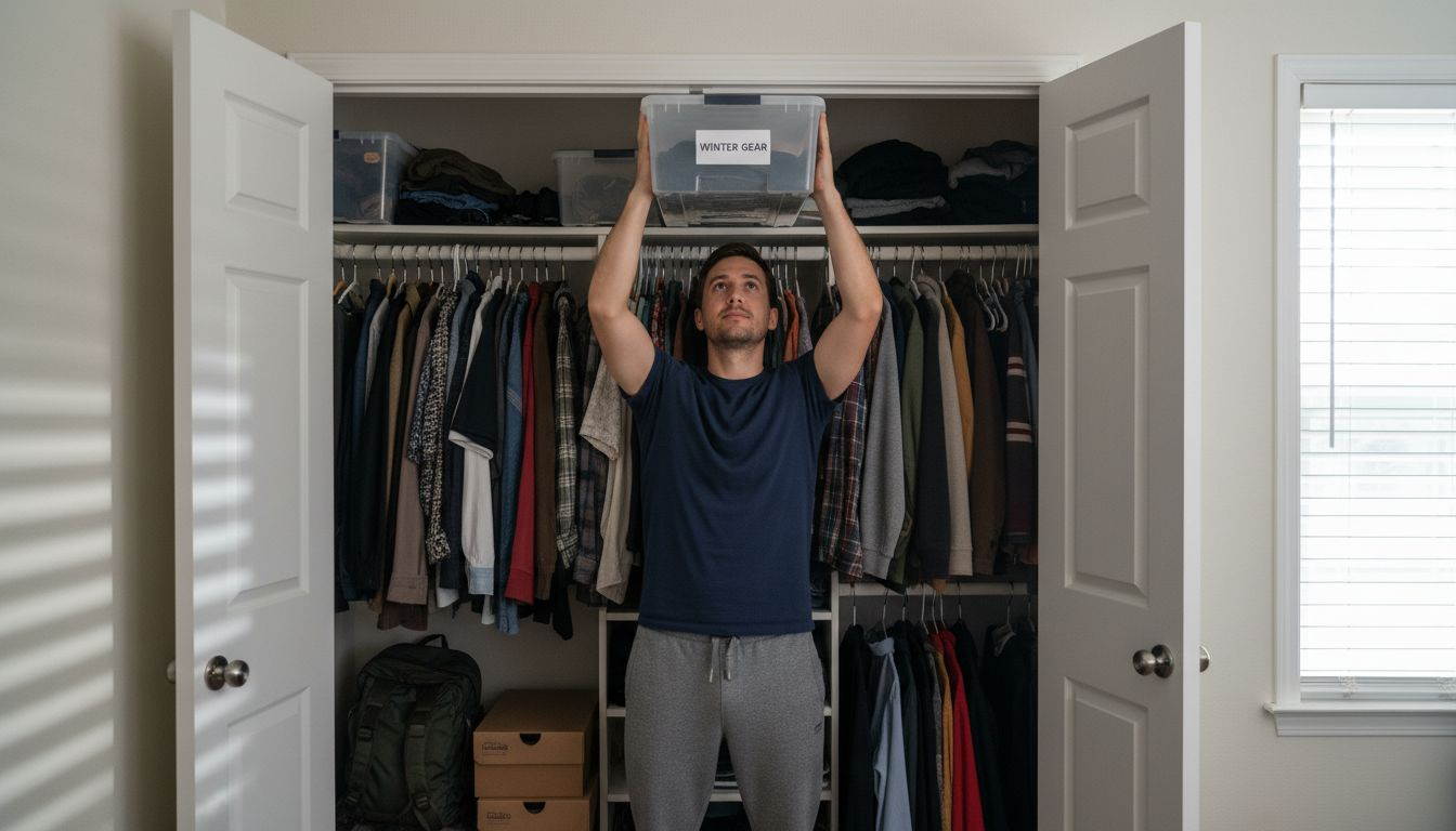 Man organizing labeled closet storage boxes
