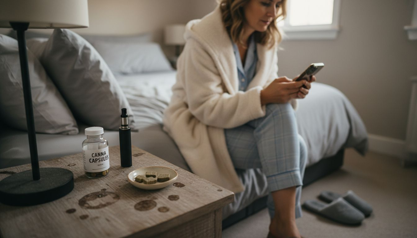 Woman examines cannabis sleep products in bedroom