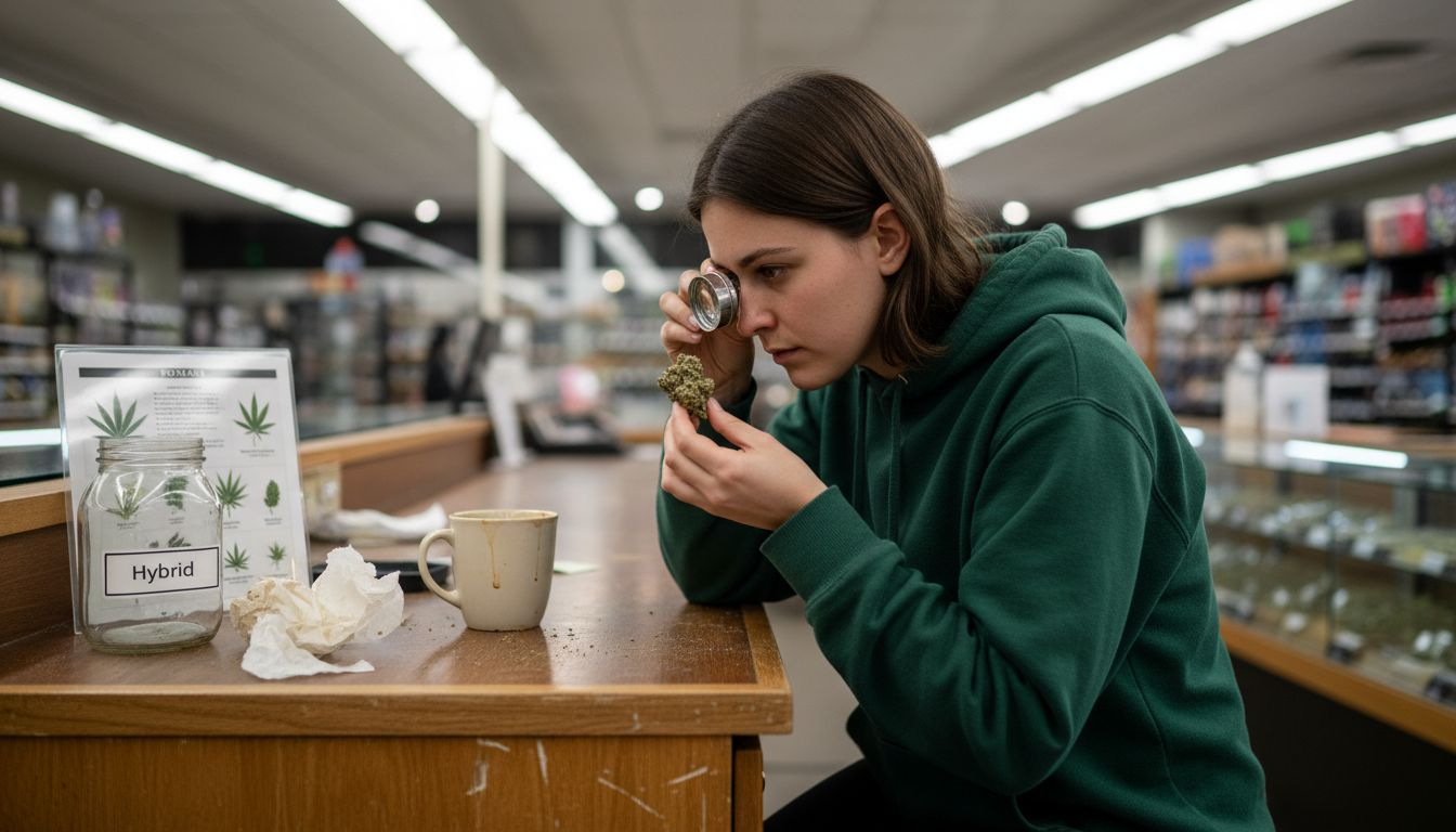 Woman examining cannabis flower at dispensary