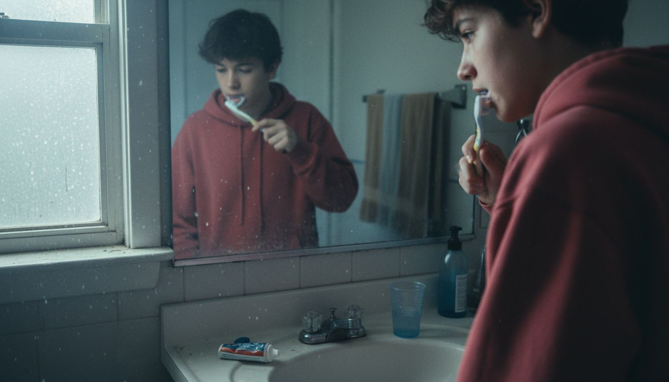Teen cleaning braces daily in bathroom