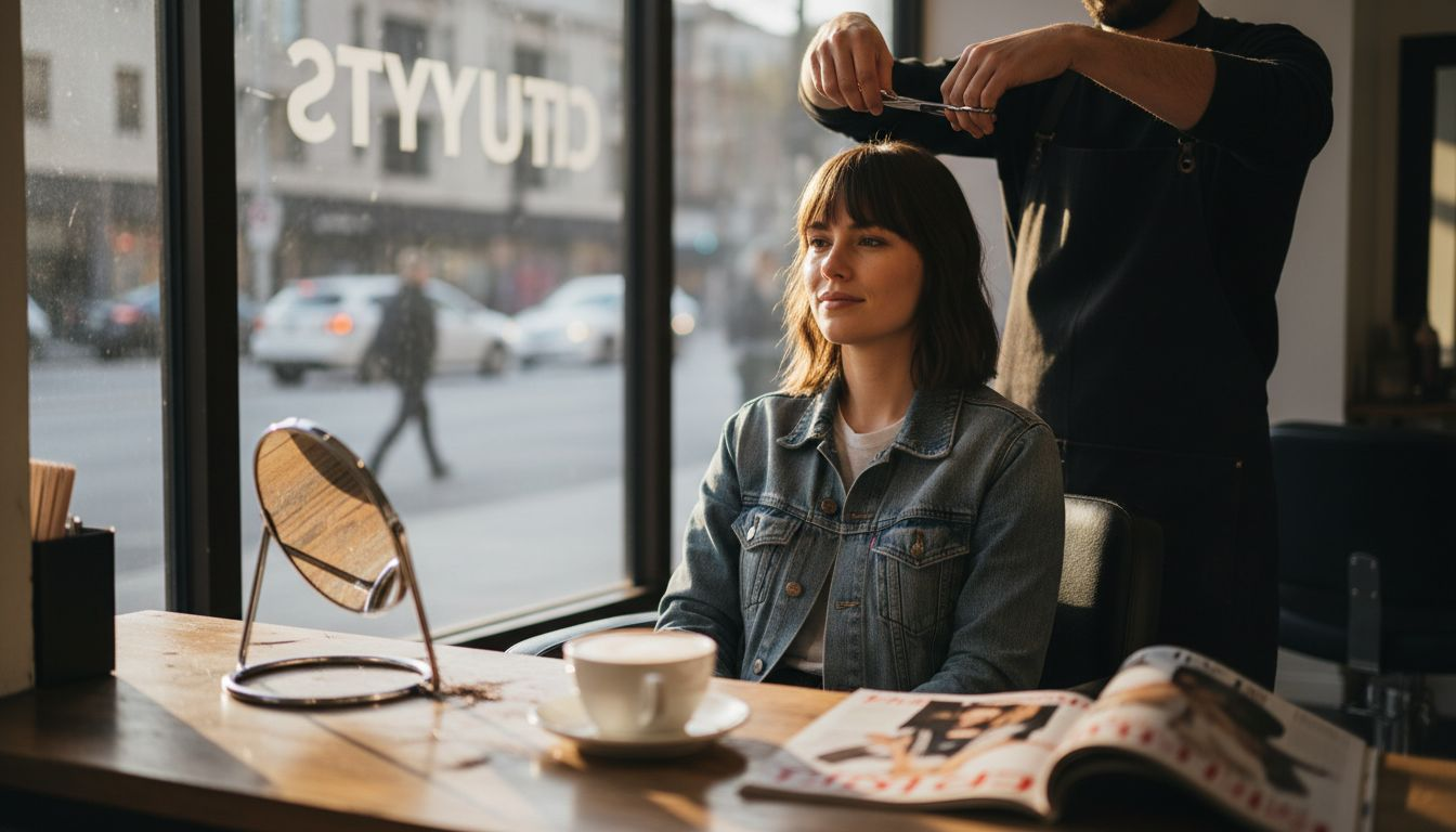 Woman at salon getting bangs trimmed