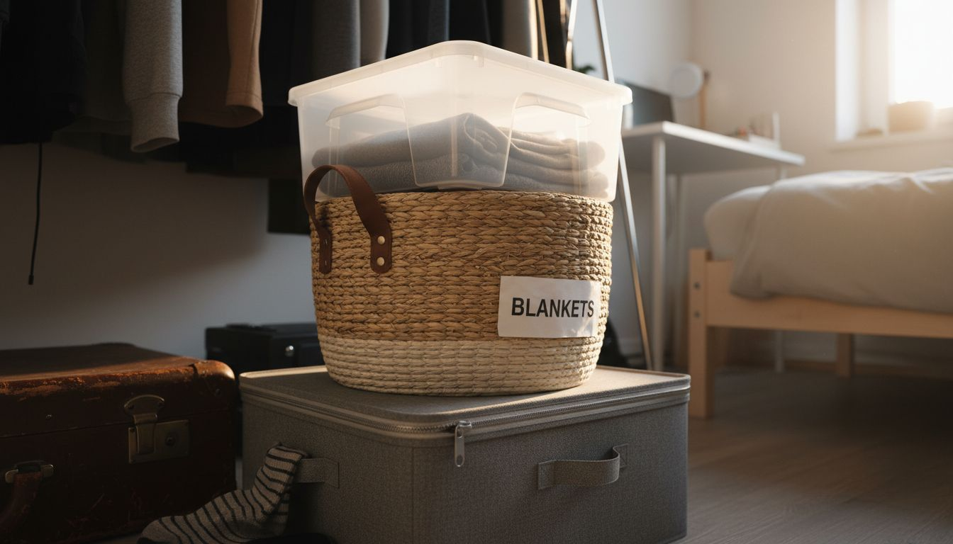 Detailed wardrobe boxes under closet rack