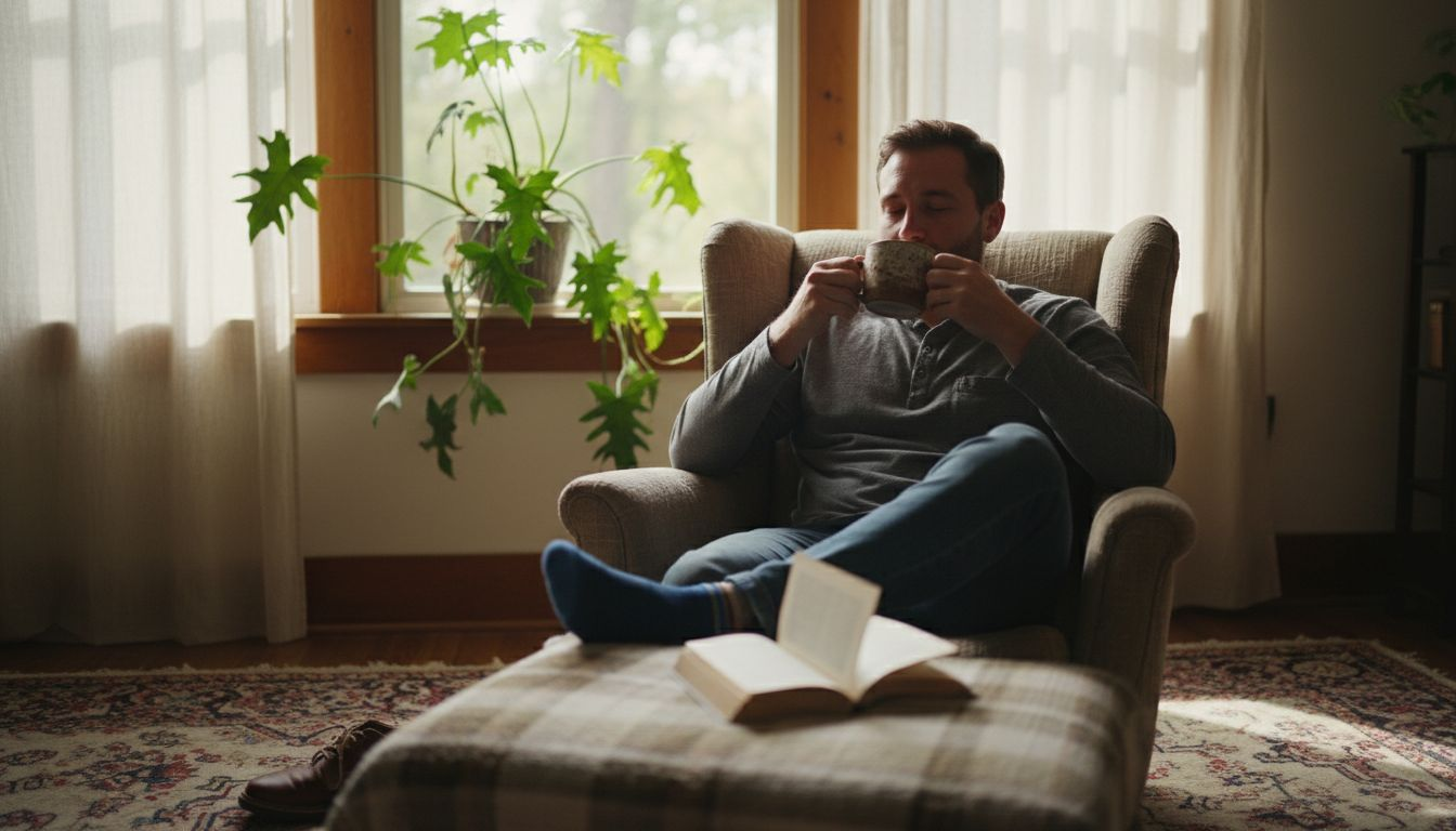 Man relaxing with psilocybin tea in living room