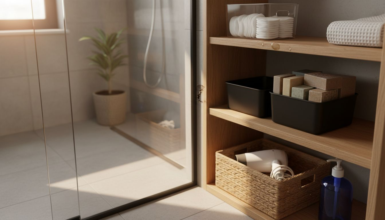 Modern bathroom bins on shelf with essentials