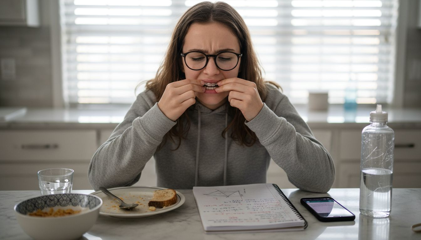 Teen girl inserting Invisalign aligners in kitchen