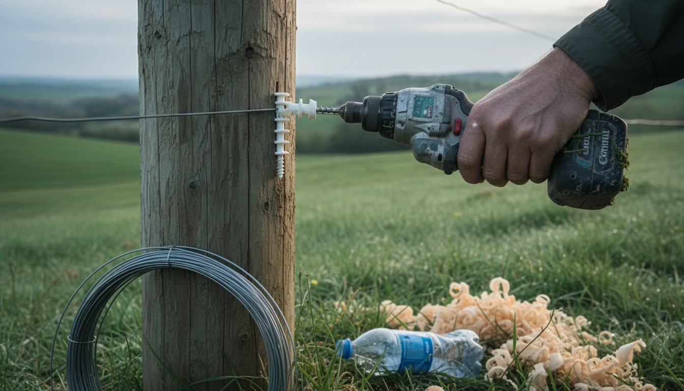 Close-up electric fence insulator installation