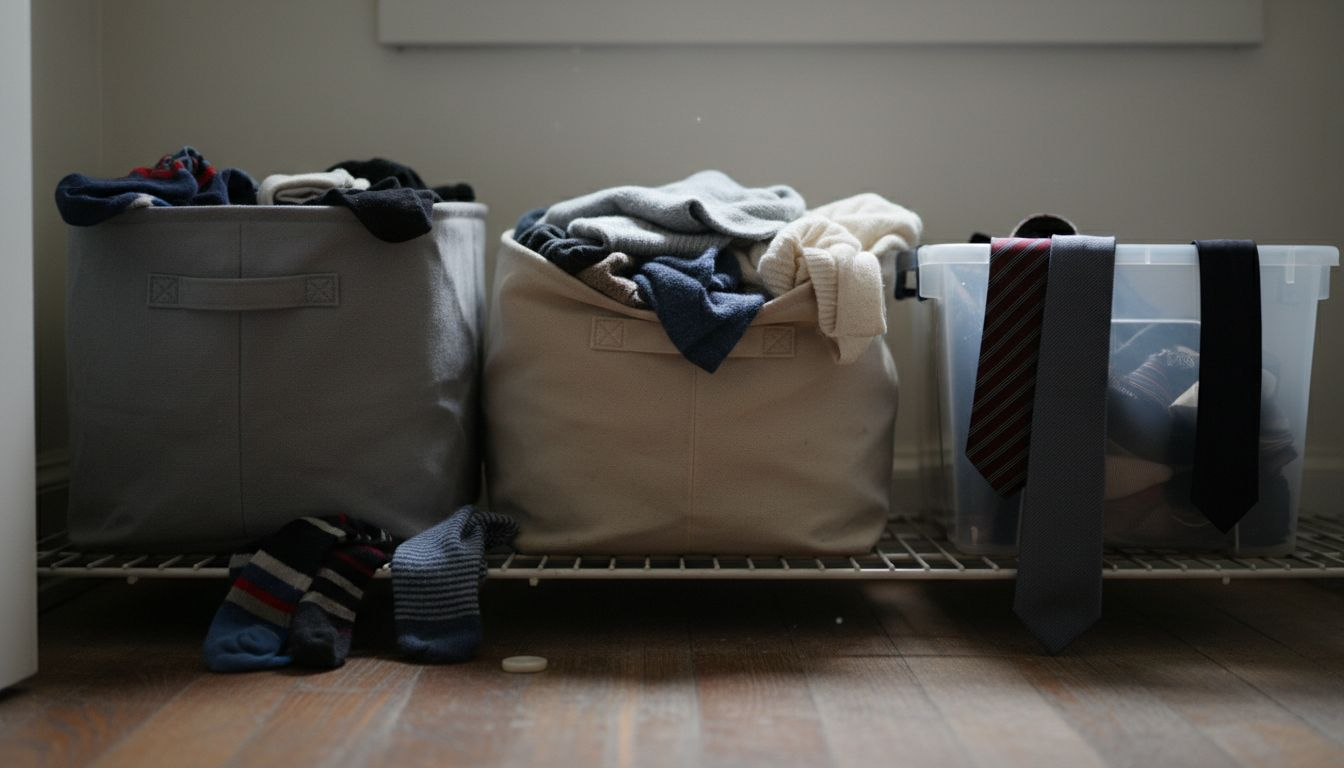 Canvas and plastic bins with clothes
