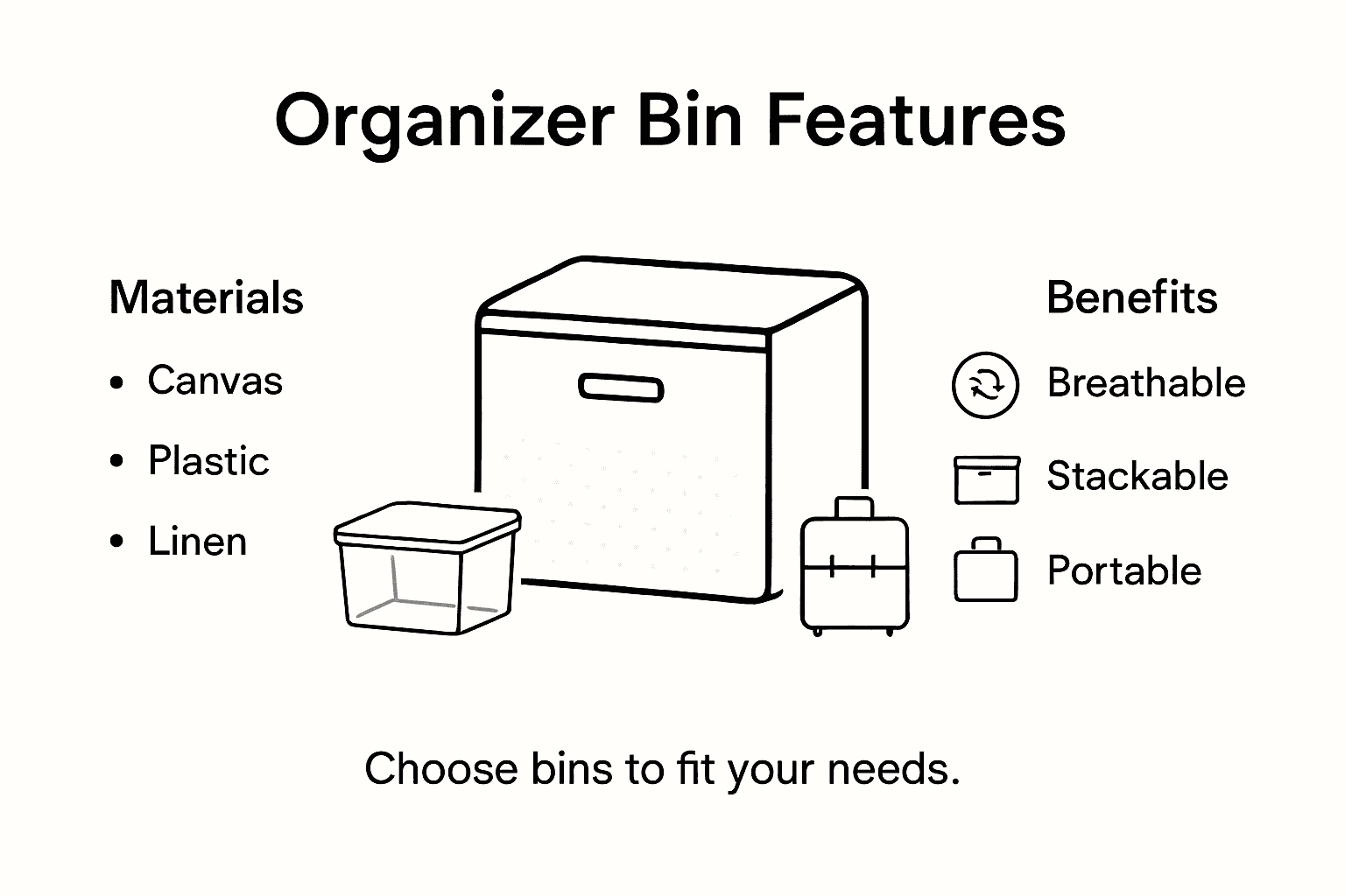 Infographic showing organizer bin features and benefits