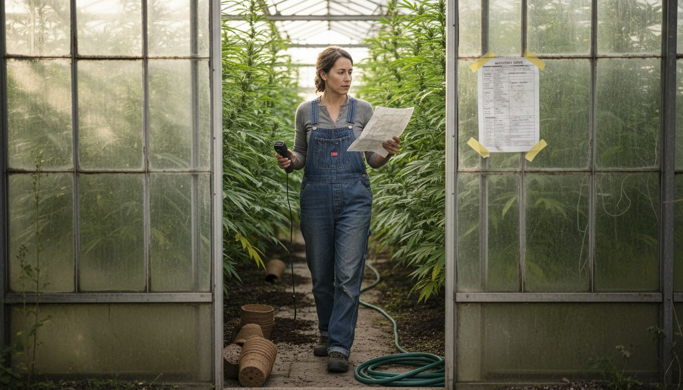 Woman in greenhouse checking cannabis plants
