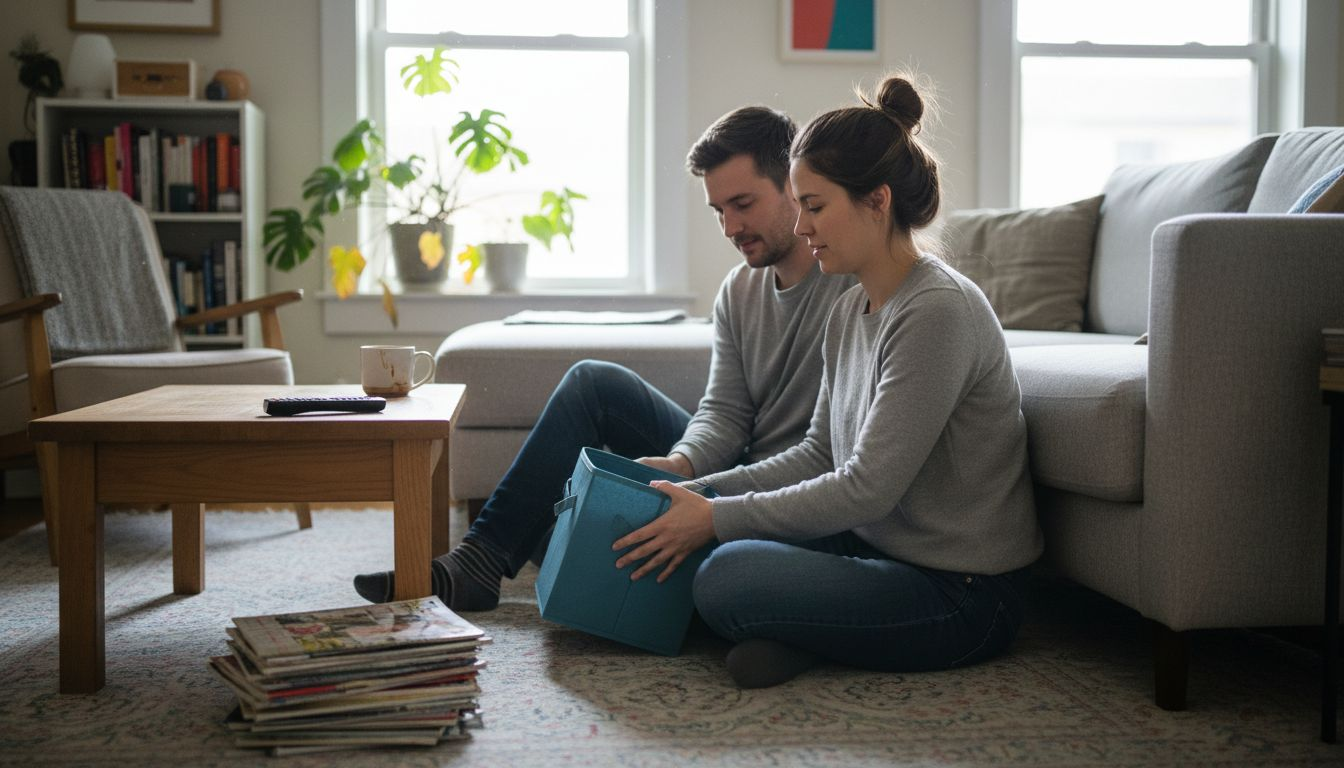 Couple using storage box in living room