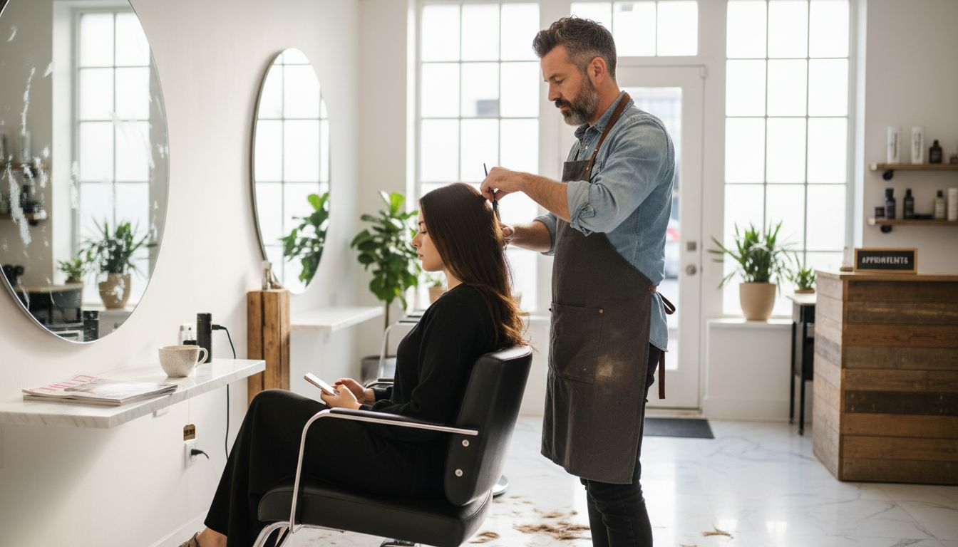 Hairstylist performing detailed haircut in salon