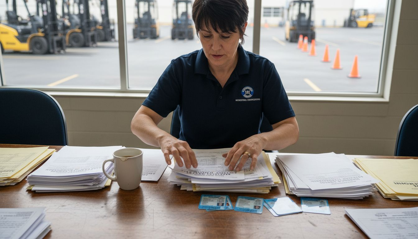 Trainer sorting forklift certification paperwork