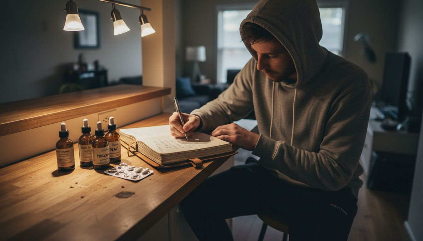 Man journaling microdosing doses in kitchen