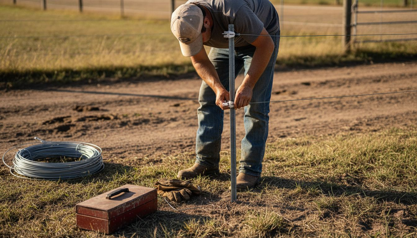 Worker installing wire on fence post