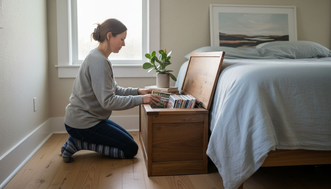 Woman organizing bedroom storage bench