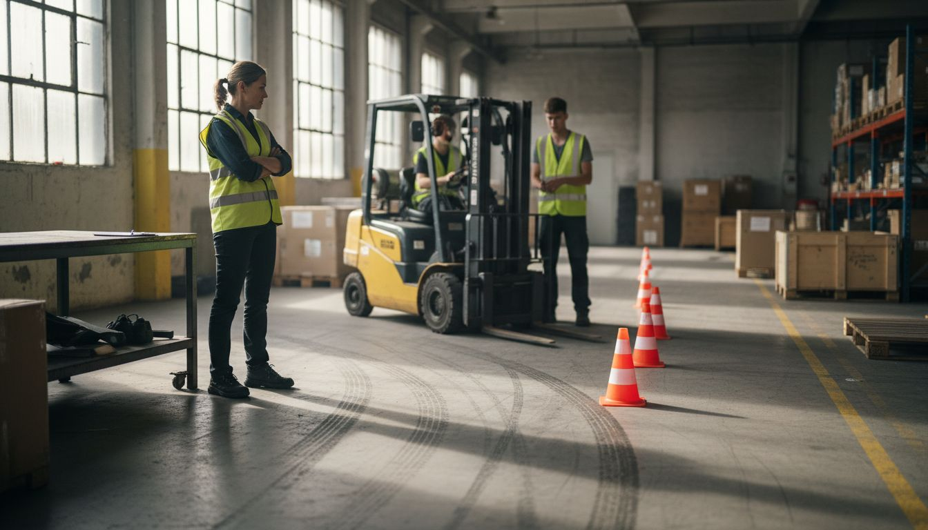 Supervisor watching forklift trainee testing in warehouse