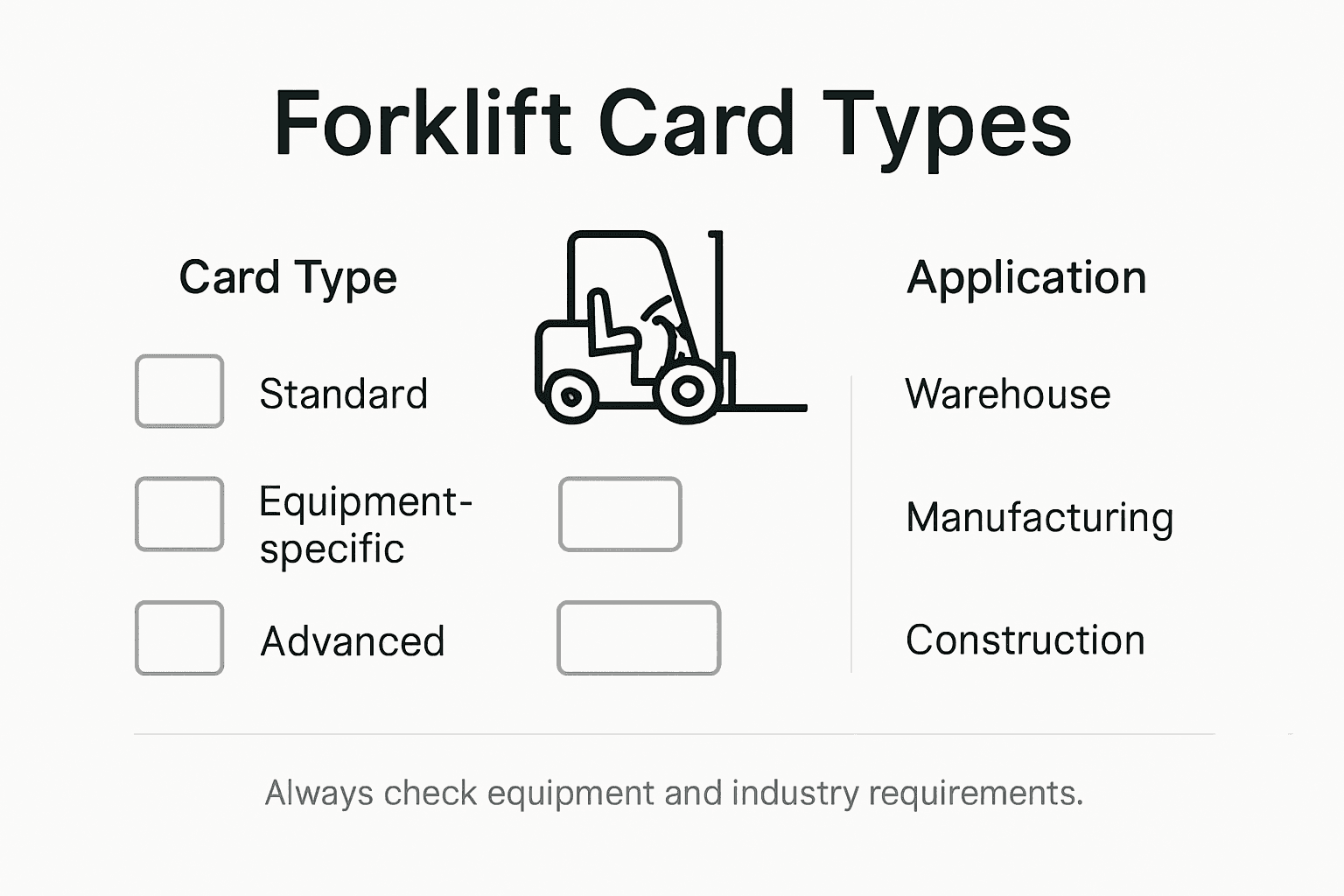Infographic displays forklift card types and uses