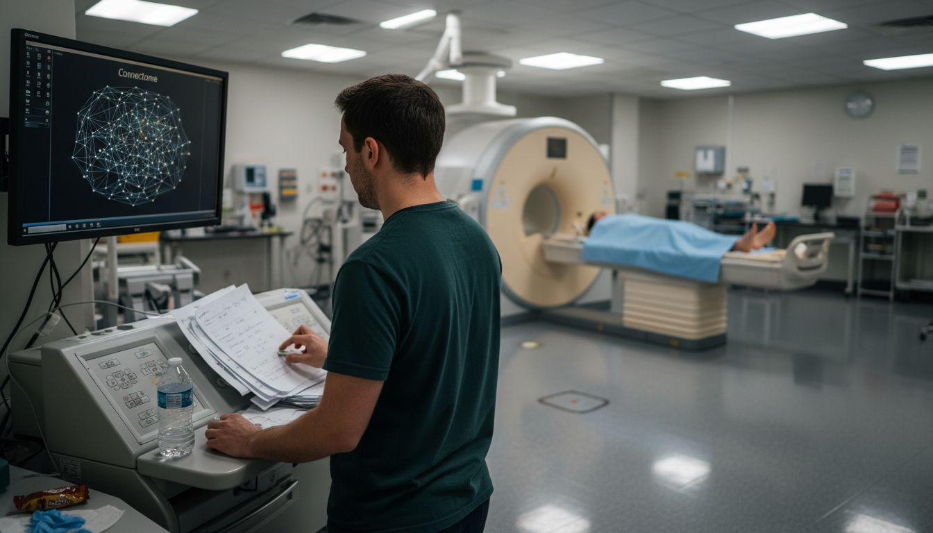 MRI technician reviewing brain connectivity scan