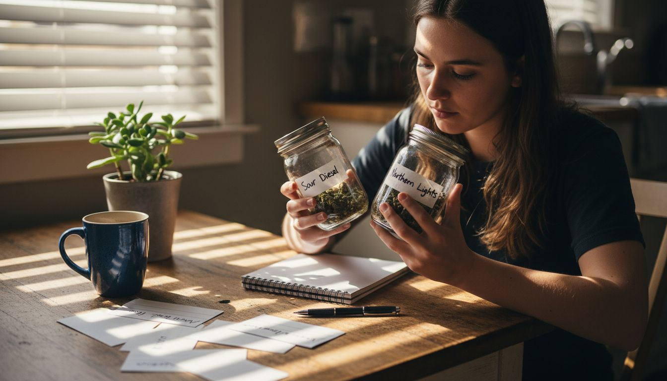 Woman comparing different CBD strains at table