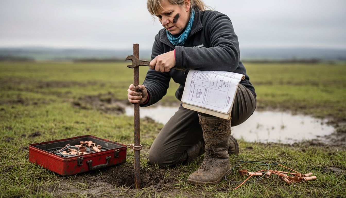Woman tightening electric fence ground rod connection