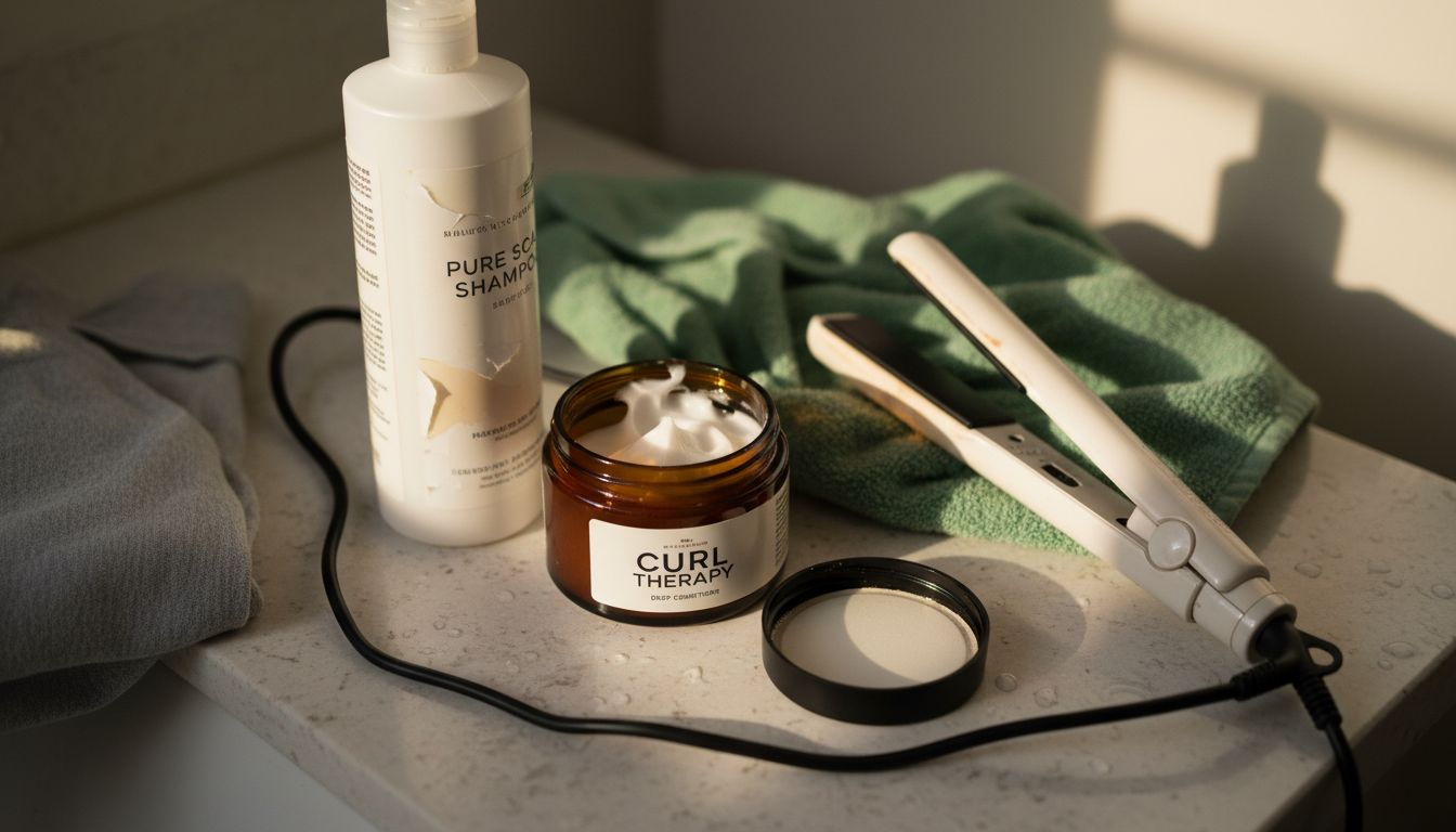 Hair products and tools on cluttered bathroom counter
