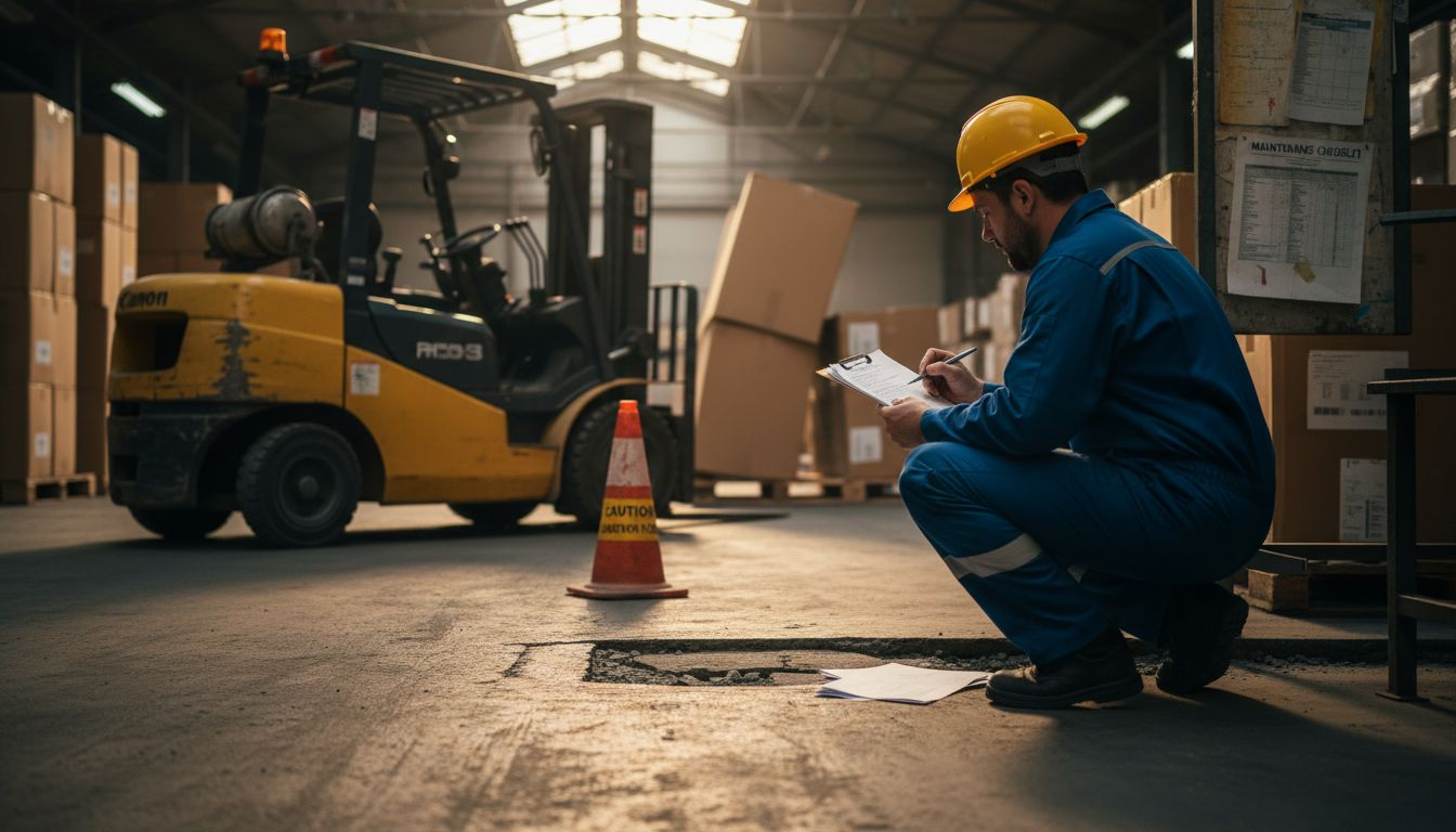 Technician inspects uneven warehouse surface