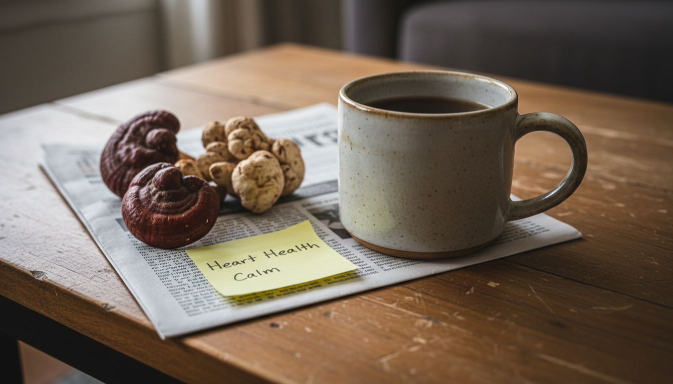 Mug of mushroom tea with fungi and notes