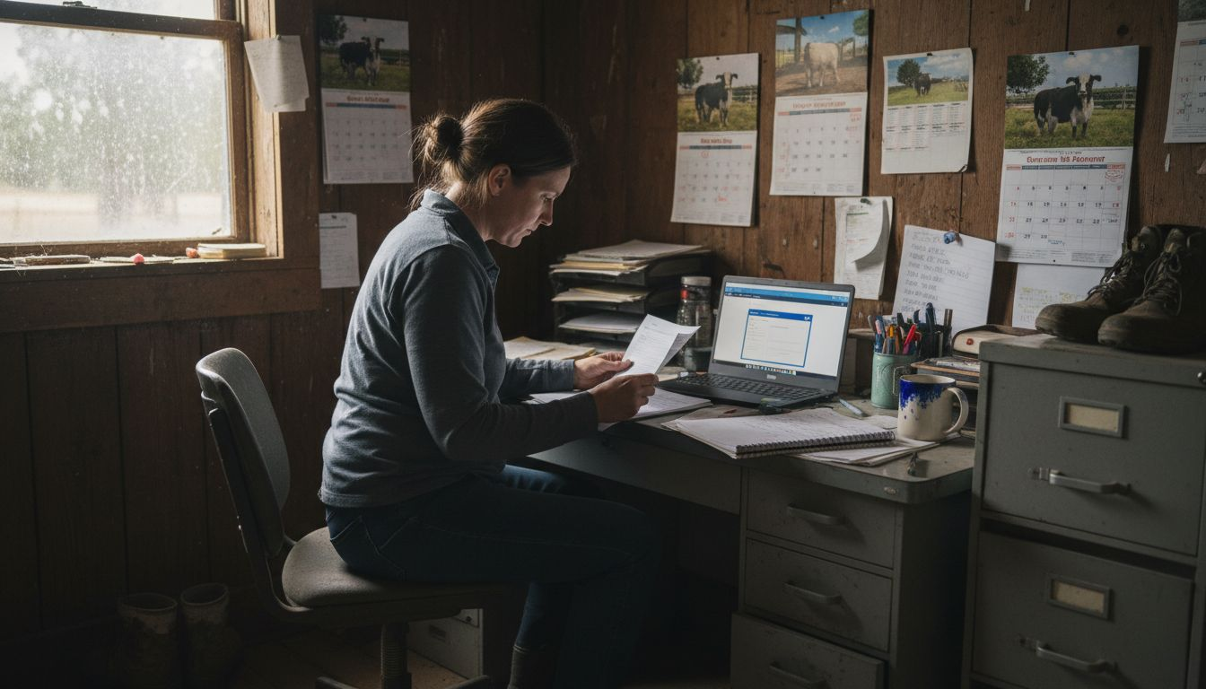 Farmer reviewing fencing grant documents