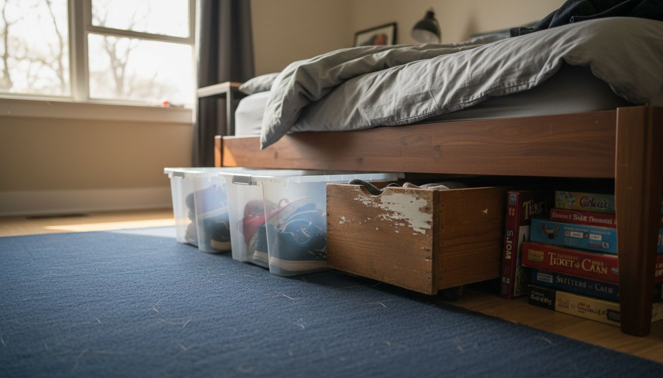 Plastic bins and wooden drawer under bed storage