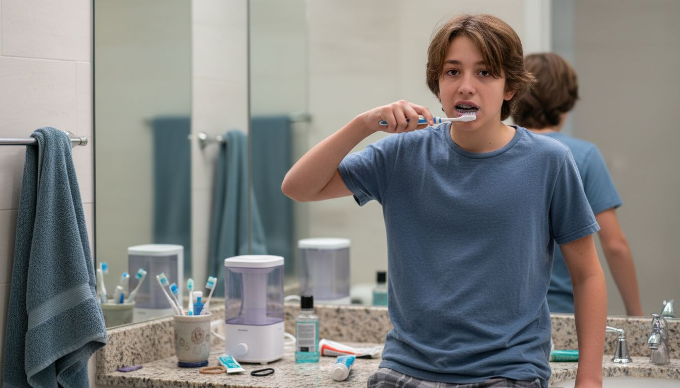 Teen brushing teeth with braces in bathroom