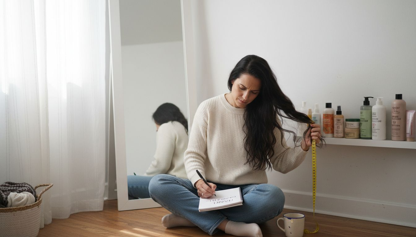 Woman measuring hair length in mirror