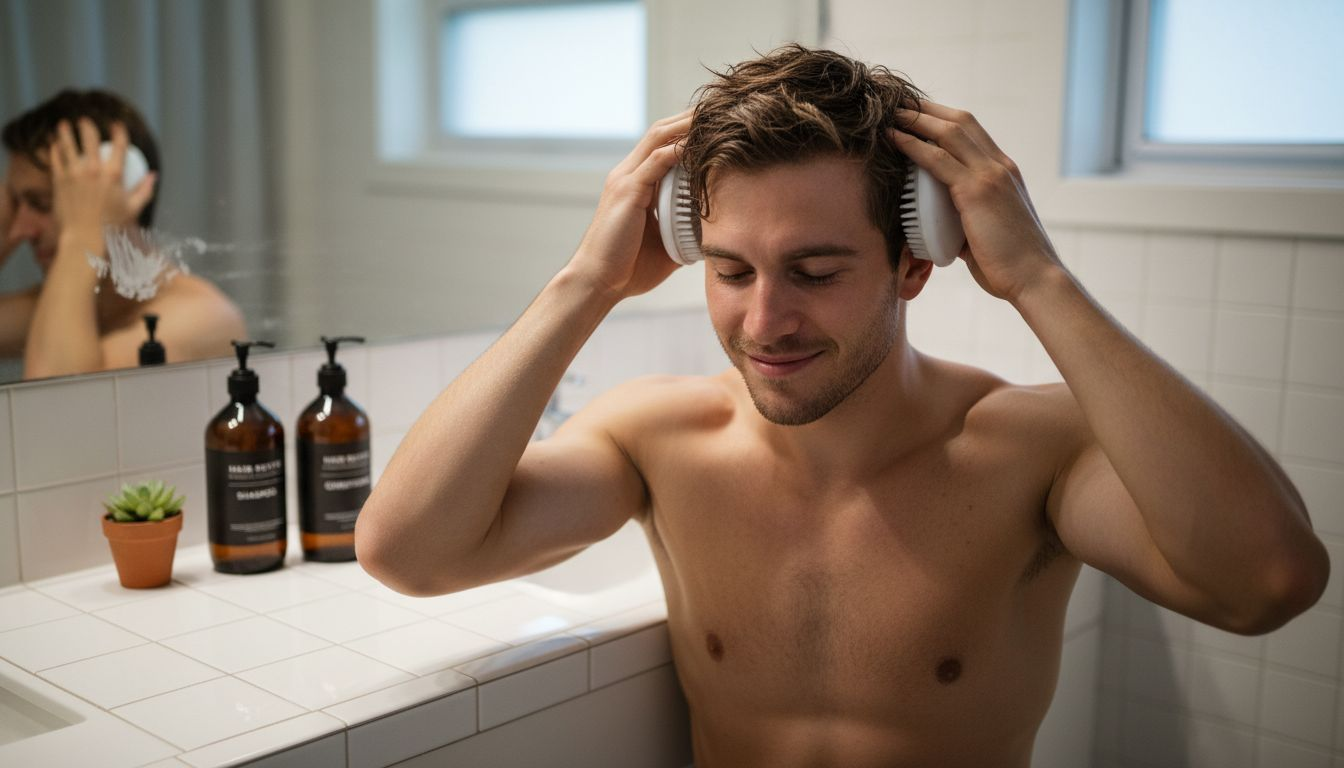 Man using scalp massager bathroom setting