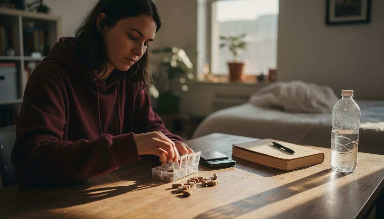 Woman organizes mushroom capsules for dosing
