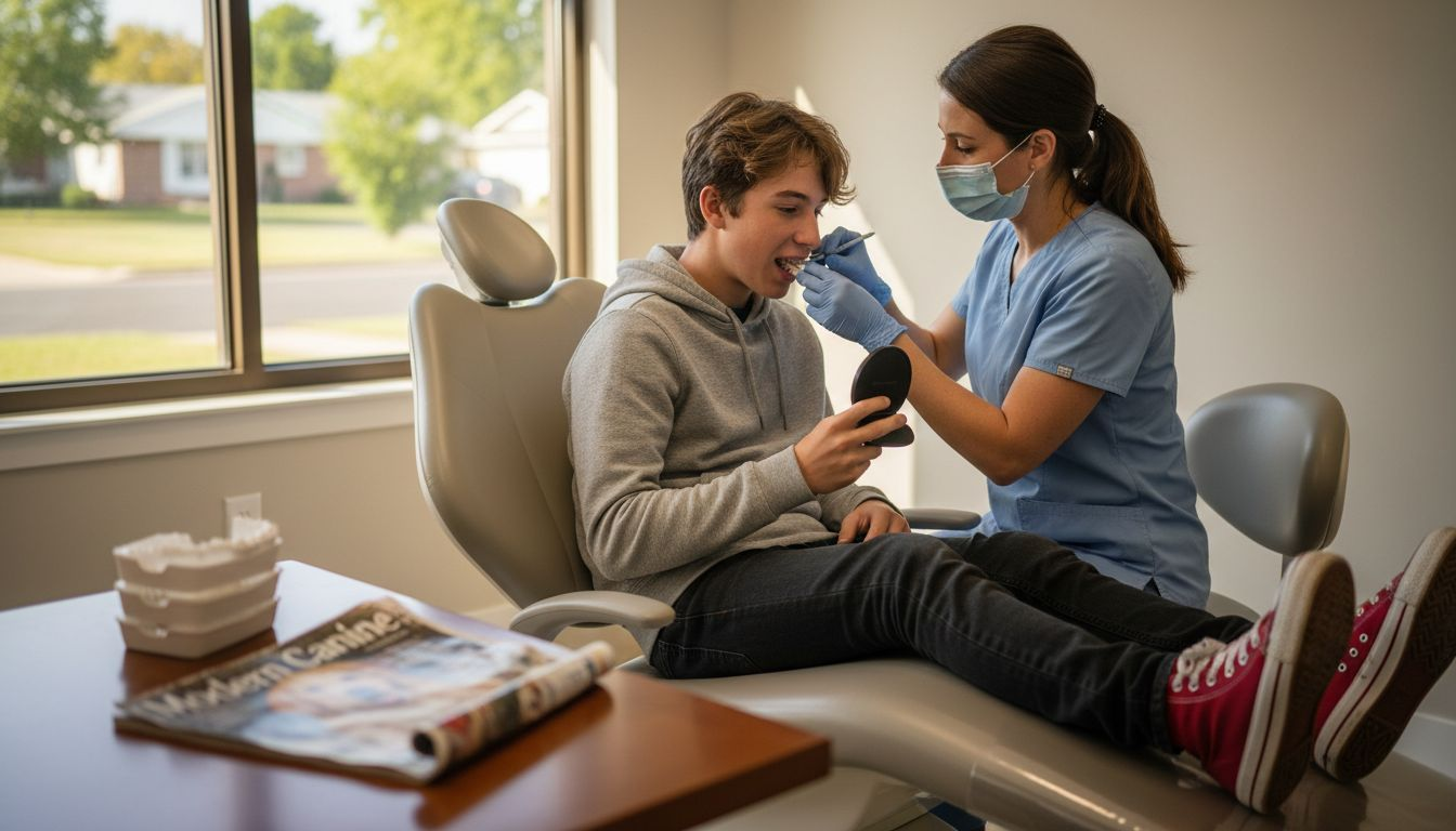 Teenager receiving Invisalign aligners in dental office