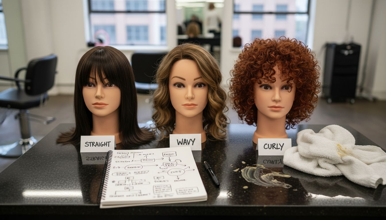 Mannequins showing straight, wavy, curly hair