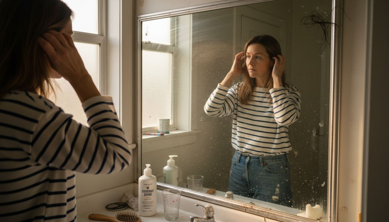 Woman examining thinning hair in bathroom mirror
