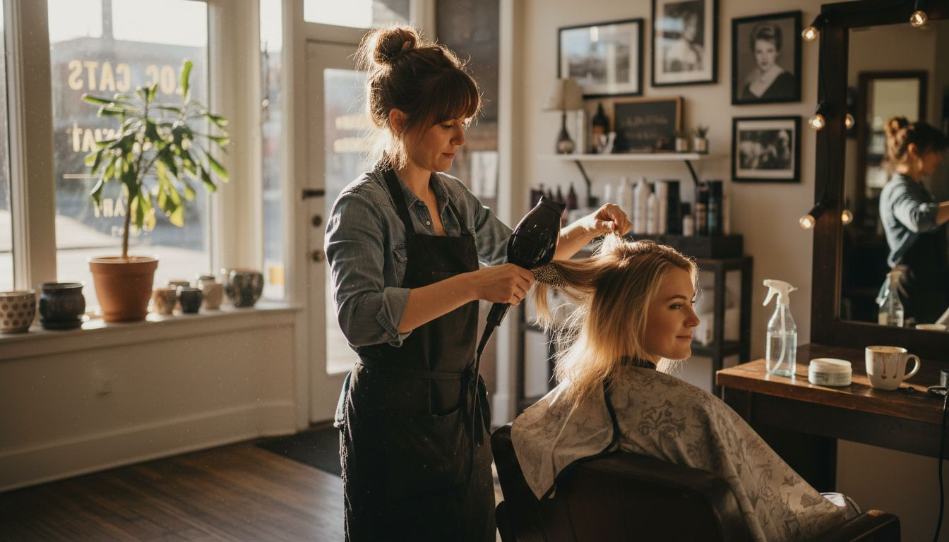 Stylist blow-drying thin hair in salon