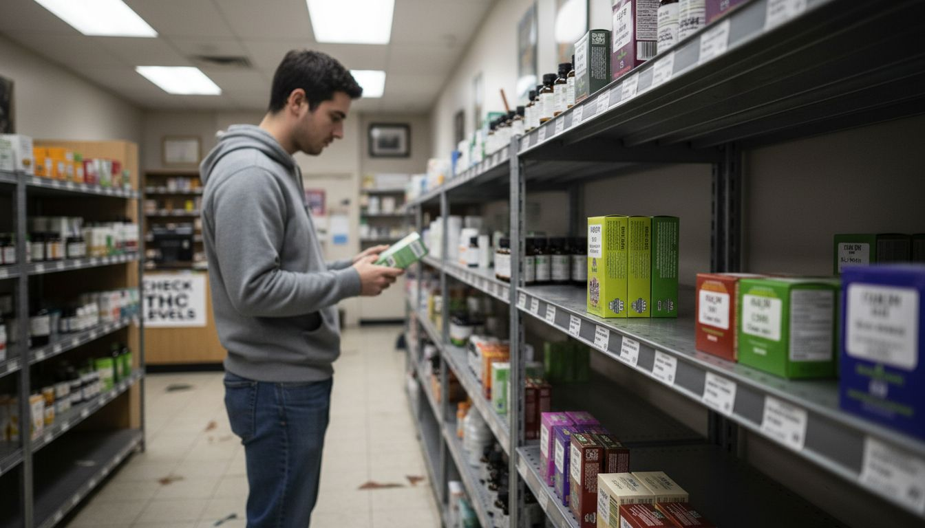 Shopper examining hemp edibles and tinctures