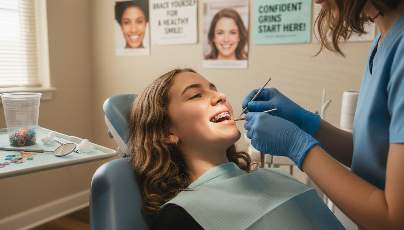 Dental assistant adjusts traditional metal braces
