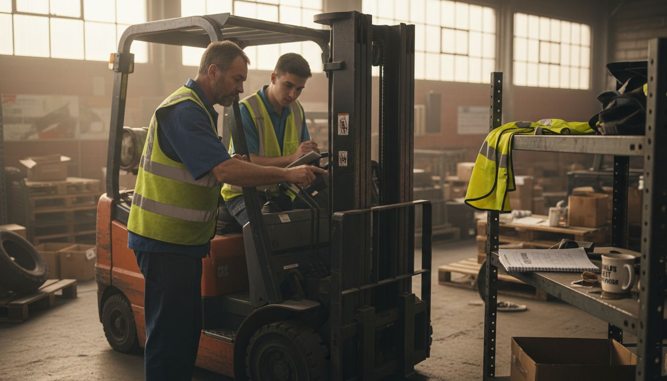 Supervisor guiding trainee in forklift safety training