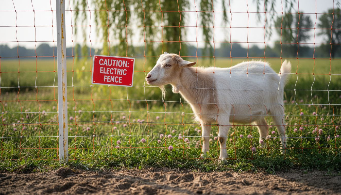 Goat cautiously inspecting electric fence