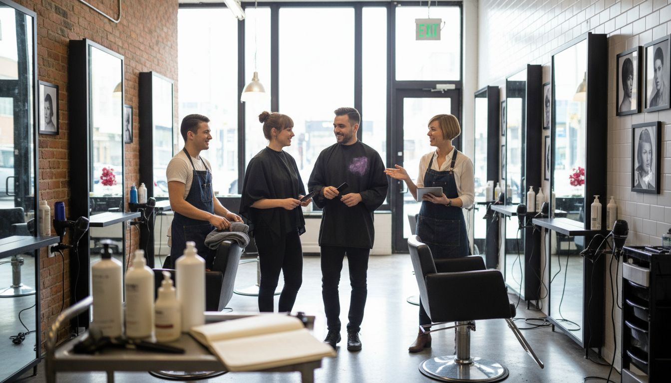 Hair studio staff collaborating in salon