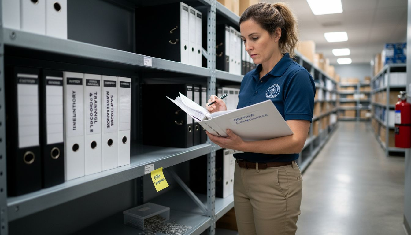 Manager reviewing OSHA forklift safety documentation