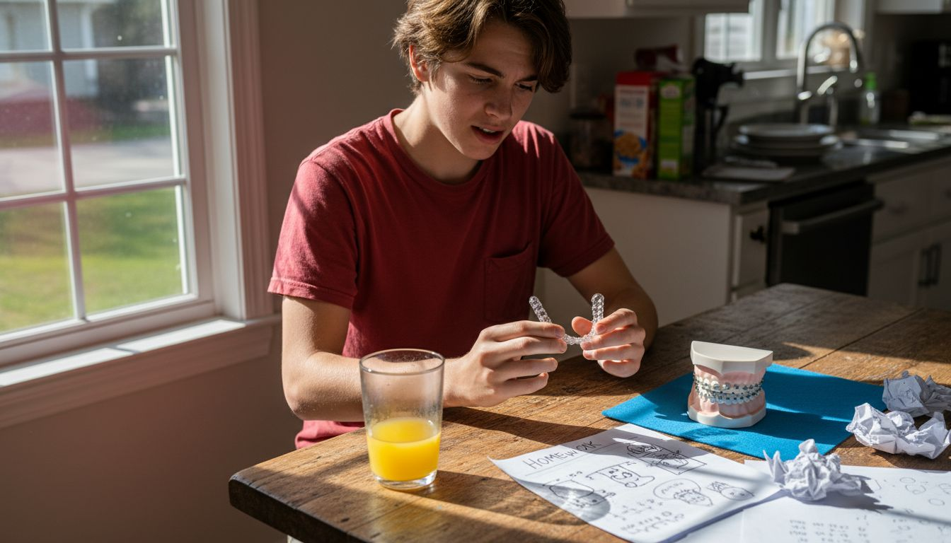 Teen boy examines aligners and braces at kitchen table